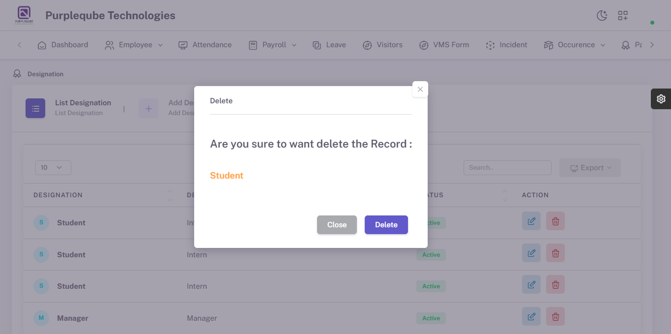 Delete confirmation dialog showing the designation name to be deleted